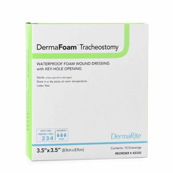 Dermafoam Tracheostomy Foam Dressing 3-1/2x3-1/2 In. Without Border Waterproof Backing Nonadhesive Fenestrated Square, 10PK 45330 - main